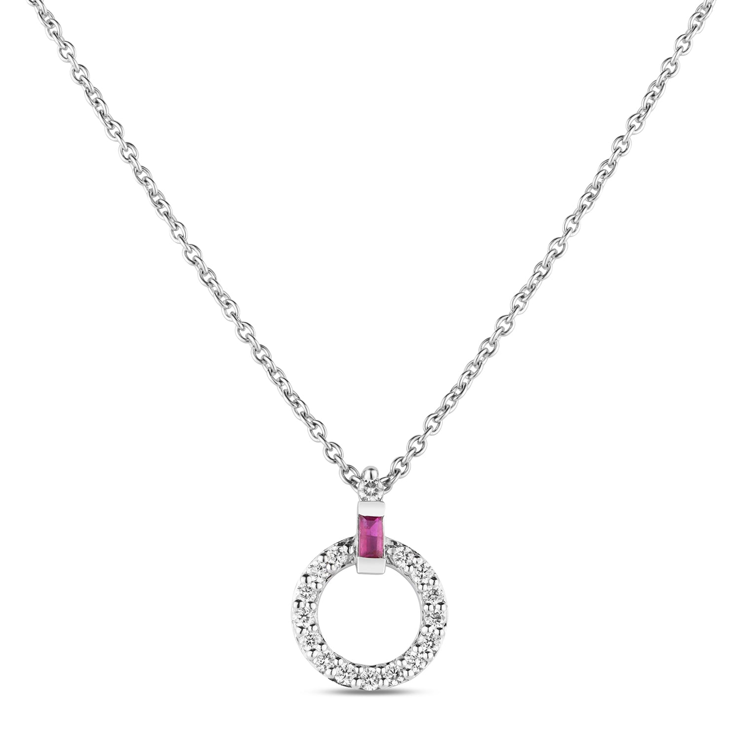 Minimal Circular Diamond Necklace With Red Ruby