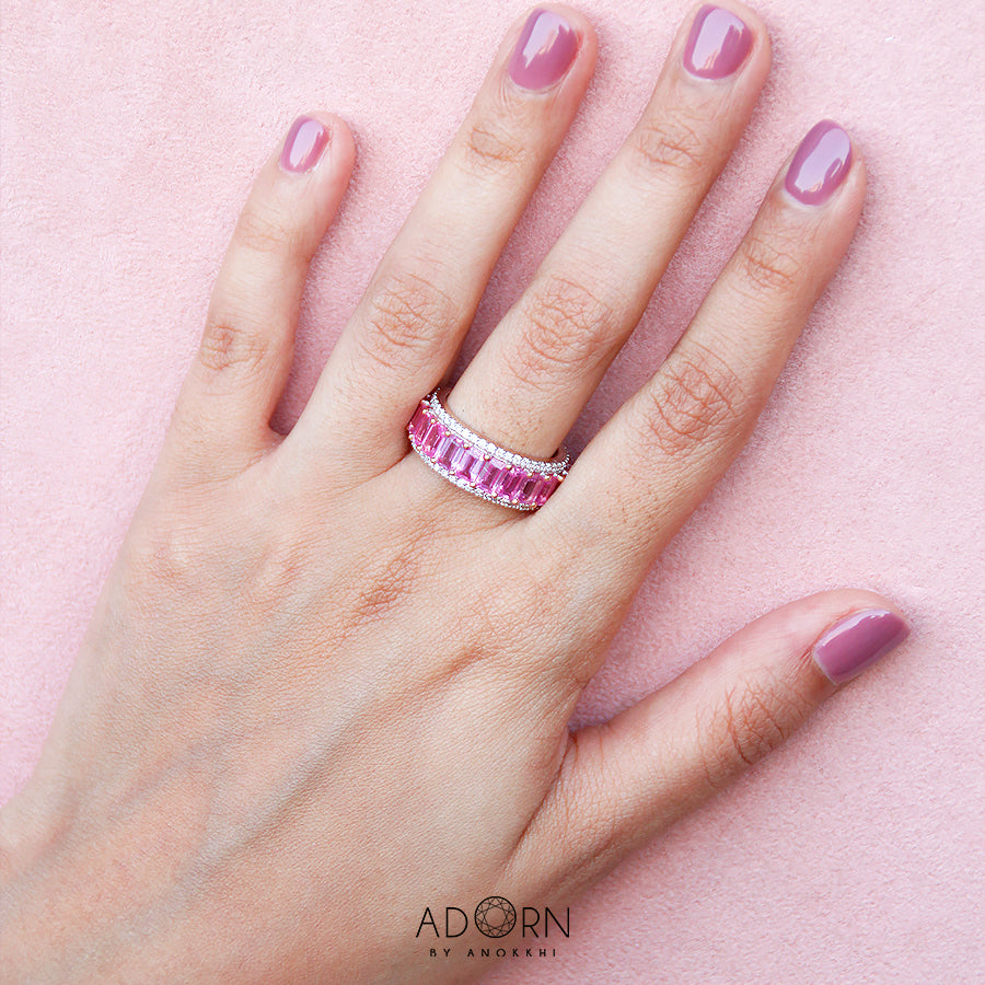Emerald Cut Pink Sapphire Diamond Band